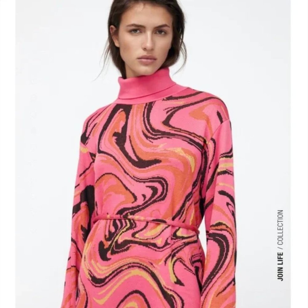 Zara Belted Jacquard Knit Sweater Midi Dress Pink Sz Small NWT - Picture 15 of 16